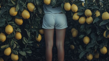 Individual in white shorts standing amidst vibrant lemon trees, capturing a fresh and natural outdoor environment.