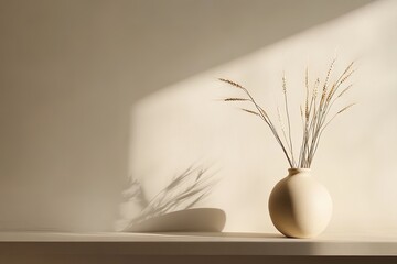 Poster - A simple vase with dried grass displayed on a minimalistic shelf in soft sunlight creating beautiful shadows. Generative AI