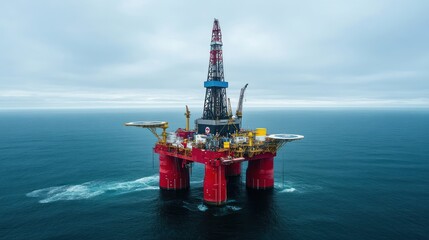 An offshore oil rig standing in the ocean under a cloudy sky.