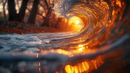 A wave crashing on the shore at sunset with the sun shining through the water.