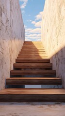 A wooden staircase leads up to a bright sky, framed by rough concrete walls.