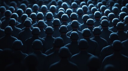 A sea of faceless figures in a dark environment, evoking mystery and a sense of anonymity in a modern context.