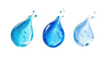 Three blue water drops with air bubbles isolated on transparent background, PNG or White Background. Sets of Serum-gel toner drop