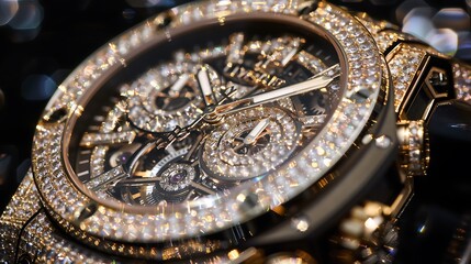 Close-up of a luxury diamond watch with a gold face and band. The watch is adorned with diamonds, creating a dazzling and sparkling effect.