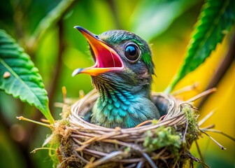 A tiny, iridescent feathered creature clings to its nest, its beak open in a tiny scream, gleaming emerald eyes peering out at the verdant foliage.