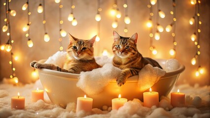 Soothing scene of two lazy cats lounging in a warm bubble bath, surrounded by champagne-colored foam and soft golden lighting.