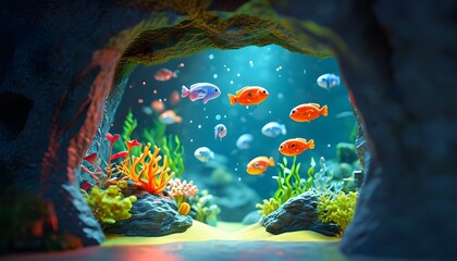 Colorful animated mini aquarium nestled in a nose with tiny swimming fish, blending whimsy and creativity in a playful 3D design