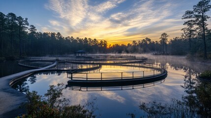 Wall Mural - A serene sunrise over a misty lake, featuring winding pathways and reflections.