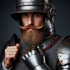 Man wearing Medieval Knights armor with heavy iron helmet
