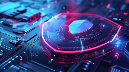 Fototapete - Glowing red blue shield with protecting systems for cyber security digital defense data protection network safety and futuristic technology concept.