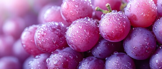 Close up of a bunch of red grapes covered in water droplets.