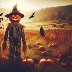 Halloween and autumn scarecrow in an open field representing fall season and Halloween party
