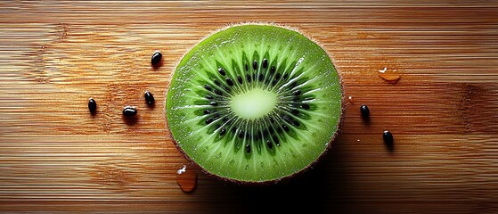 Close up of a kiwi fruit slice with black seeds on a wooden board.