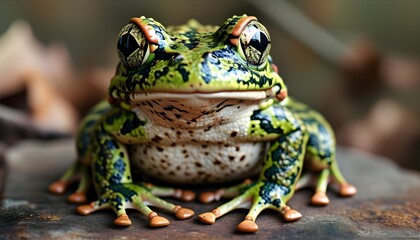 colorful patchwork quilt frog blending into its environment