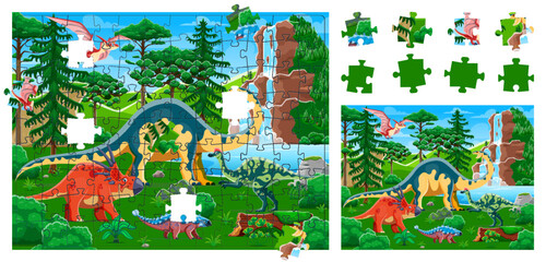 Poster - Jigsaw puzzle game pieces with prehistoric dinosaurs landscape, vector worksheet. Kids jigsaw puzzle game to find and match cutout pieces of picture wit Jurassic dinosaurs and funny dino lizards