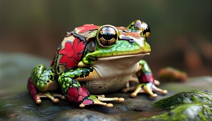 colorful patchwork quilt frog blending into its environment