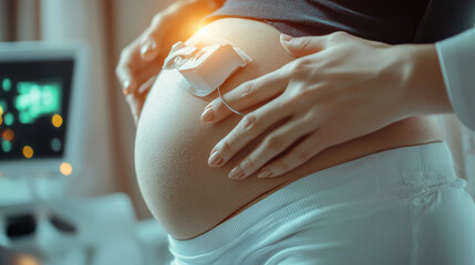 Expecting mother receiving prenatal care with monitoring device on her belly, showcasing connection between technology and maternal health