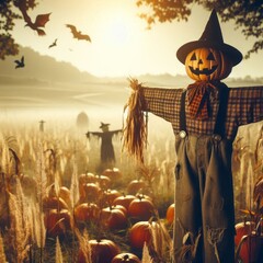 Halloween and autumn scarecrow in an open field representing fall season and Halloween party
