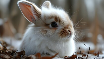 Fluffy white rabbit resembling a soft cloud, showcasing adorable fur and an enchanting presence.