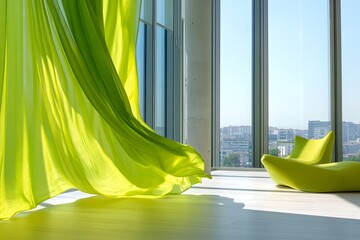 Poster - Bright green curtains flowing in a modern living room with large windows overlooking a city skyline on a sunny day. Generative AI