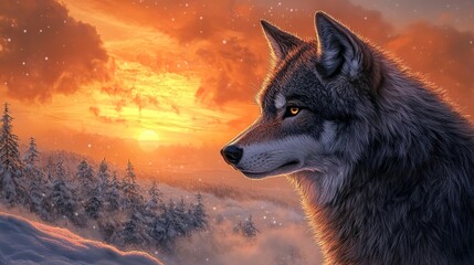 Wall Mural - Close-up of a majestic wolf in a snowy landscape, showcasing its intense gaze and thick fur against a stunning sunset.