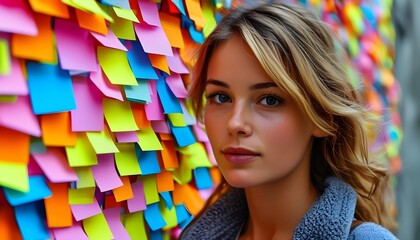 Wall Mural - vibrant portrait created with colorful Post-it note mosaic art