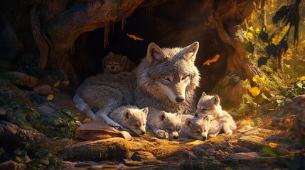 Wall Mural - cozy wolf den with playful pups and watchful mother in lush forest setting