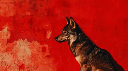 Poster - portrait of a shadow wolf on a red background. 