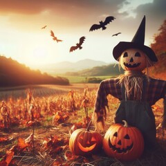 Halloween and autumn scarecrow in an open field representing fall season and Halloween party
