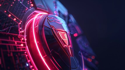 Poster - abstract 3d illustration of a futuristic shield with neon lights, a design concept that depicts a di
