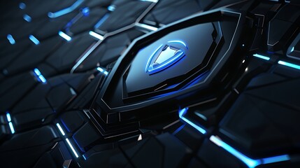Poster - Abstract digital illustration depicting a blue glowing shield on a black hexagon grid representing cybersecurity and protection in the digital world.