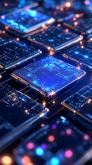 Poster - Futuristic technology concept featuring glowing computer chips with intricate circuits and vibrant lights on a dark background.