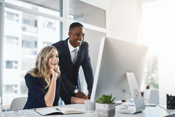 Poster - Office, teamwork and happy business people on computer for online research, website and internet joke. Corporate lawyers, professional and man and woman on pc for reading email, planning and teamwork