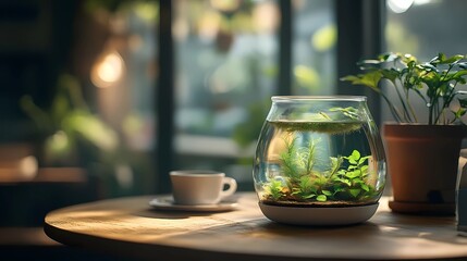 a cup of coffee with fish in a aquarium jar on the table