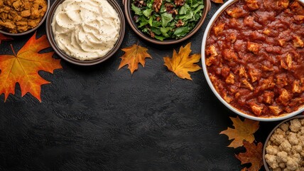 A colorful display of autumn dishes, featuring bowls filled with delicious foods, surrounded by vibrant fall leaves.