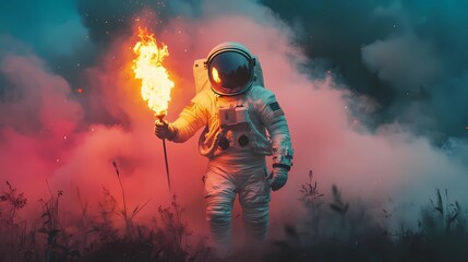Wall Mural - fantasy Astronaut holding fire torch surrounded by thick color smoke in dramatic scene 