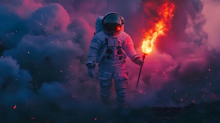 Wall Mural - Astronaut holding fire torch surrounded by thick color smoke in dramatic scene 