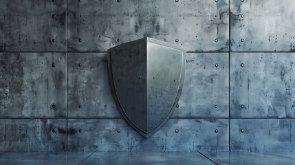 Poster - Metallic shield stands on a concrete wall, symbolizing safety and security.