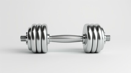 Sleek chrome dumbbell on a crisp white backdrop, showcasing its modern design and fitness appeal in a stunning 3D render.