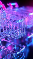 Poster - A vibrant and modern display of shopping carts illuminated by neon lights, creating a dynamic retail atmosphere.
