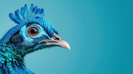 Vibrant peafowl on a clean blue background, perfect for eyecatching web banners that demand attention and enhance visuals.