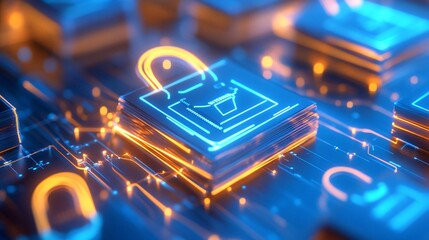 Poster - A vibrant digital representation of cybersecurity with locked icons on a circuit board, illustrating modern data protection.