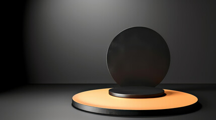 Sticker - A sleek black round podium set against a dark backdrop, perfect for showcasing products in a minimalist mockup.