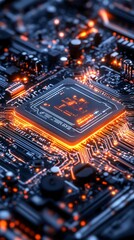Poster - Close-up of a futuristic microchip on a circuit board, showcasing intricate designs and vibrant glowing elements that highlight technology.