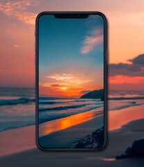 Wall Mural - Smartphone Displaying Beach Sunset Landscape