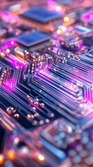 Poster - Close-up view of a glowing circuit board with intricate circuitry and colorful lights, perfect for technology and innovation themes.