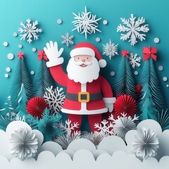 Festive paper cutout of Santa Claus surrounded by snowflakes and Christmas trees, perfect for holiday celebrations and decorations.