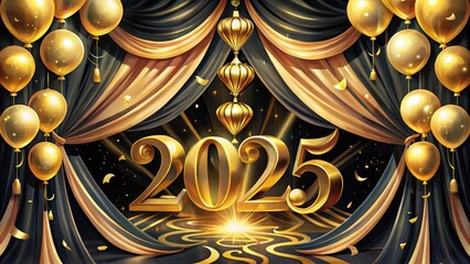 Wall Mural - Golden 2025 New Year Celebration with Balloons and Curtains