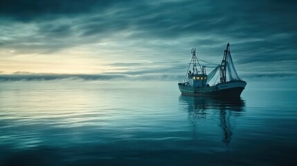 A solitary fishing boat at dawn, surrounded by calm waters and a moody sky.