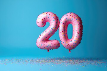 Pink balloons forming number twenty floating on blue background with confetti